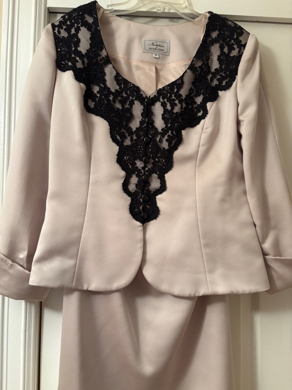Victor Costa  Satin Ivory Suit  with Lace Label Detail